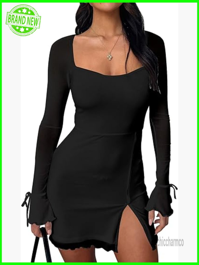 Sexy Bodycon Mesh Long Sleeve Square Neck Slit Party Mini Dress